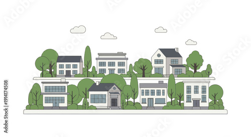 Charming cartoon suburban neighborhood with trees and houses, illustration