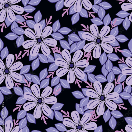 Floral seamless pattern with flowers in watercolor on black background. Design for print, wallpaper, textile.