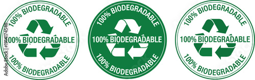 100 percent biodegradable recycling badge icon set in green for eco friendly packaging and sustainability labeling
