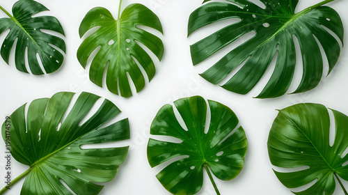 set of green monstera palm and tropical plant leaf isolated on white background for design elements, Flat lay