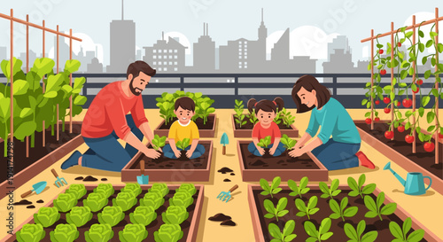 Happy family enjoying gardening on a rooftop with city skyline in background