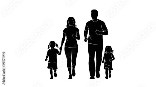 Black silhouette of a family with two children walking isolated on white background