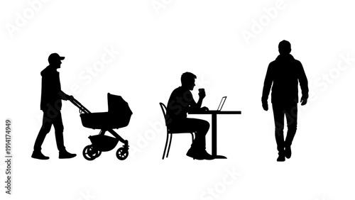 Three black vector silhouettes of men engaged in daily activities: a man pushing a baby stroller, a man sitting at a table with a laptop and coffee, and a man walking