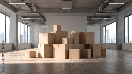 Changement d'espace avec des cartons dans un bureau moderne en ville