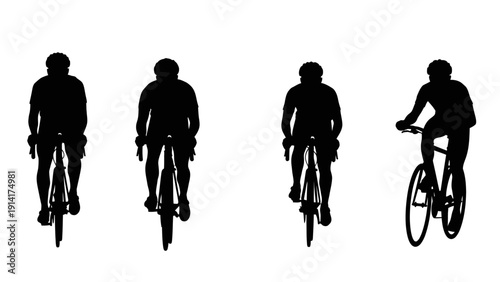 Four black silhouettes of cyclists riding bicycles, viewed from the front, isolated on a white background. Each figure depicts a different stage or angle of a person cycling, rendered in a stark