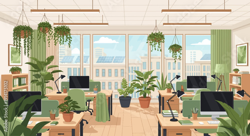 Modern eco-friendly office interior design with abundant natural light and vibrant green plants