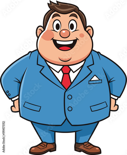 Friendly businessman mascot character wearing a professional blue suit and red tie standing with hands on hips for corporate leadership and successful business branding vector.