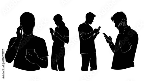 Four black silhouettes of people using smartphones, two talking on the phone and two looking at their devices, isolated on a white background. Vector illustration.