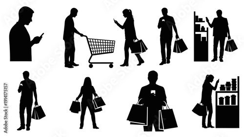 A collection of black vector silhouettes featuring business people and fashion women in dresses walking with shopping bags, illustrating a modern style for lady shoppers and retail sale art
