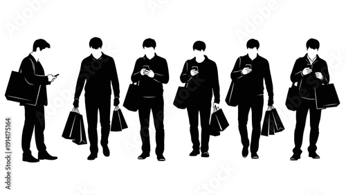 A professional vector illustration depicts a large crowd and diverse group of business people silhouettes, including a businessman in a suit and a standing team meeting in a black shadow figure style