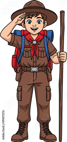 Young boy scout character in brown uniform and hat carrying a backpack and walking stick giving a salute for youth adventure and outdoor education vector.