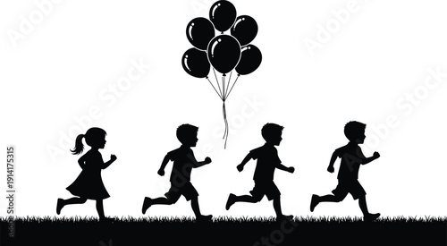 Silhouette children running with balloons on grass against white background kids