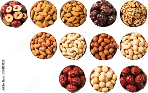 Assorted Nuts and Dried Fruits in Bowls on White Background