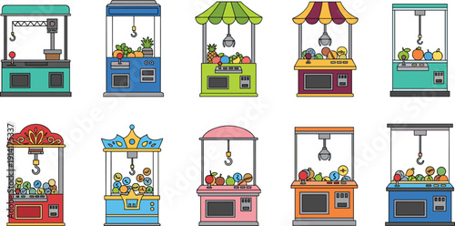 Claw Machine Arcade Vector Set Featuring Colorful Prize Grabbers, Toy Catcher Cabinets, and Amusement Game Machines for Entertainment Designs