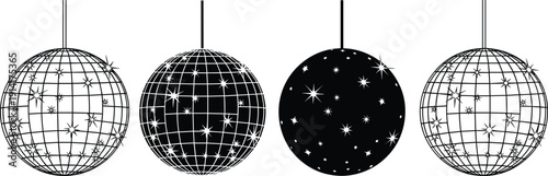 Four Black and White Starry Night Christmas Ornaments on Strings