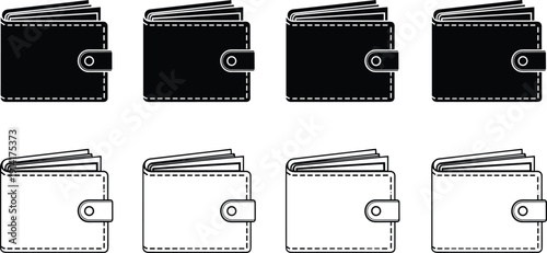 Set of eight wallet icons in black and white with open and closed views money finance