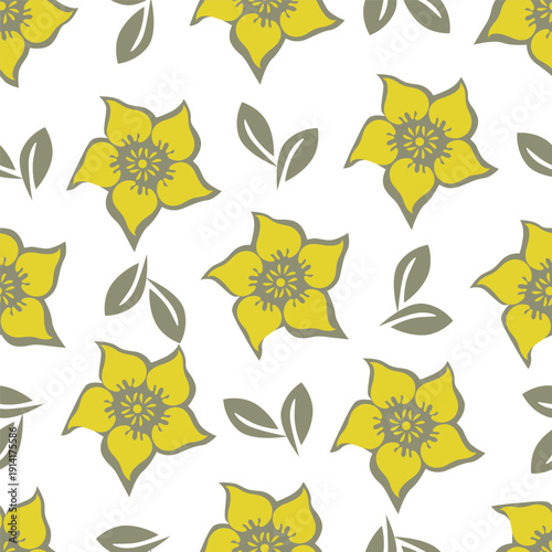 Wallpaper Mural Seamless floral pattern with stylized yellow and white flowers, blue berries, and leaves on a sage green background. This modern, folk-art design is great for textiles, wallpaper, and spring decor
 Torontodigital.ca