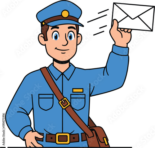 Friendly male mailman or postman character in blue uniform and cap holding an envelope for postal service delivery mail and shipping communication vector.