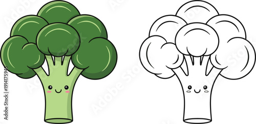 Cute broccoli character illustration set in color and black outline styles for kids healthy food designs