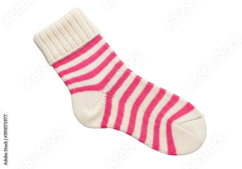 Striped wool sock with pink and white patterns, cozy knitted winter hosiery, warm textile footwear for cold weather isolated on white