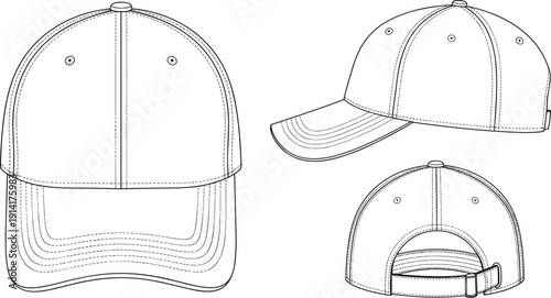 Technical drawing of a baseball cap from multiple angles on a white background headwear fashion accessory