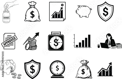Financial icons set including money shield graph and clock