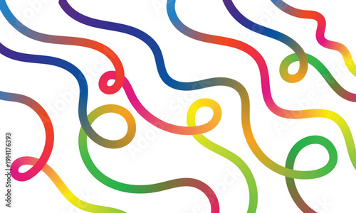 Vibrant rainbow colored wavy lines and swirls on white background