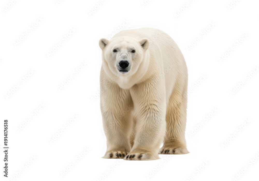 Fototapeta premium Full body shot of a confident polar bear walking forward, isolated on transparent background, ready for use.