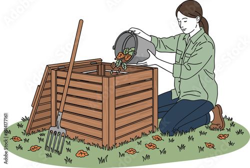 Woman Adding Leaves to a Wooden Compost Bin with Pitchfork on Grass Keywords: composting, compost bin, gardening, organic, waste