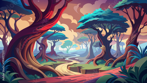 Very beautiful twisted forest landscape in Hoia Baciu, with curved tree trunks and soft fog creating a surreal natural scene.