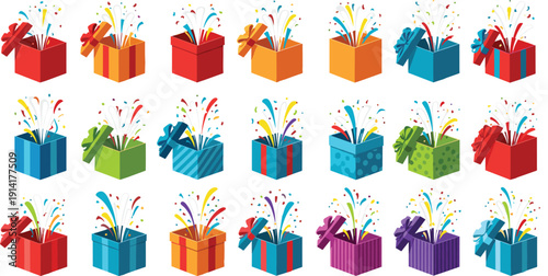 Colorful Gift Box Vector Set with Open Presents, Ribbons, Confetti, and Celebration Elements for Birthday, Holiday, and Party Designs