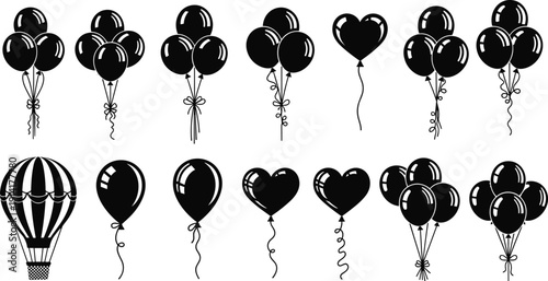 Black and White Balloon Icon Set Featuring Heart Shapes, Party Bunches, and Hot Air Balloon Silhouettes for Celebrations and Design Projects Vector Illustration Collection