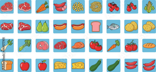 Food Icon Vector Set Featuring Meat, Fish, Vegetables, Fruits, Bread, Cheese, and Grocery Items for Nutrition and Market Designs
