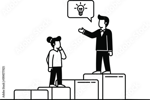 Businessman sharing innovative idea to colleague on company hierarchy steps