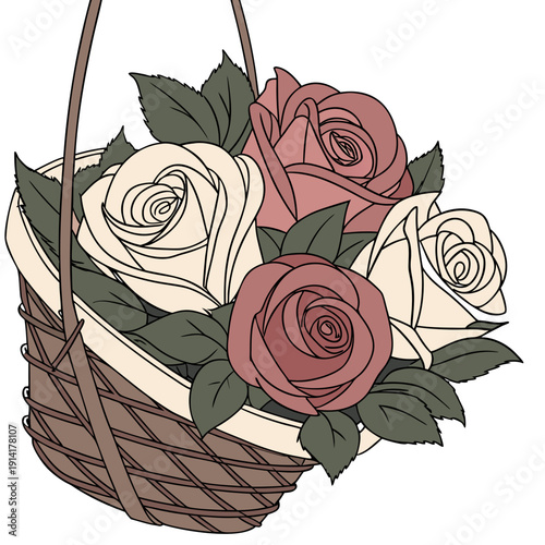 Brown wicker basket with white and pink roses white roses