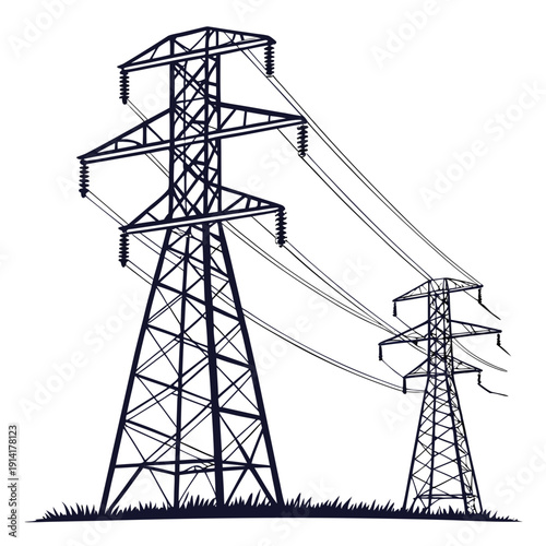 Detailed of two electric power transmission towers with wires