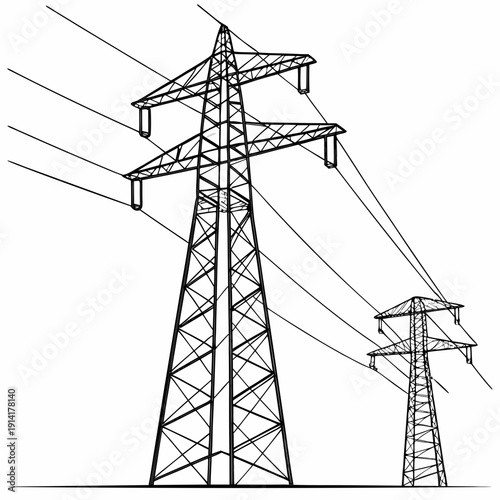 Detailed of electricity transmission towers with power lines