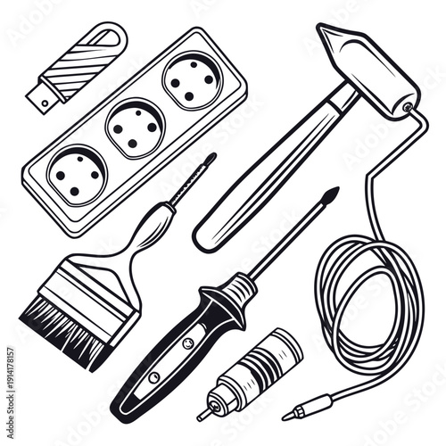 Black and white of tools and electrical equipment for interior repair