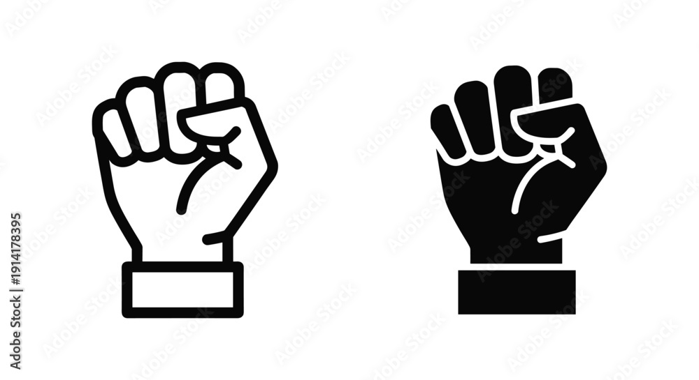 Obraz premium Raised Fist Icon Set in Black and White Outline Style