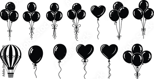 Black Balloon Silhouettes Collection with Heart Shaped Balloons and Hot Air Balloon, Isolated on White Background for Party, Birthday, Wedding and Anniversary Decoration Design