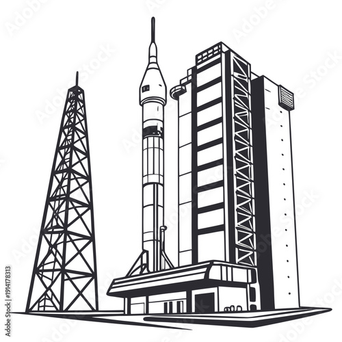 Black and white of rocket on launchpad with tower and building