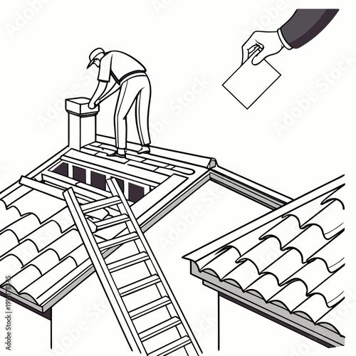 Construction worker on roof with ladder and hand holding paper