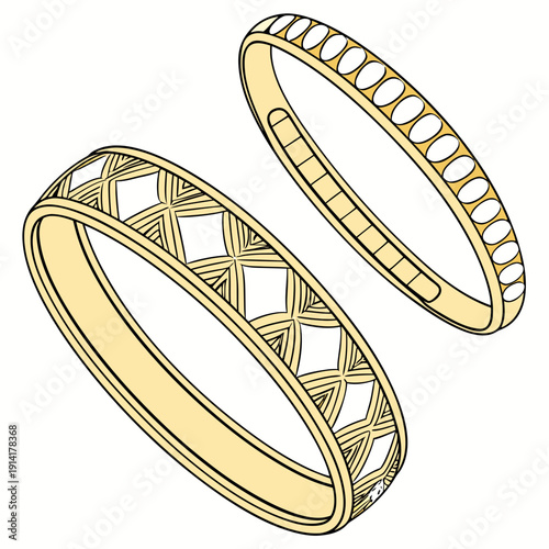 Gold bangle stacks with geometric and oval