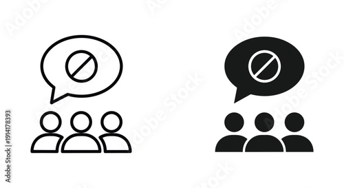 Prohibition sign icons with speech bubbles and people in black and white style