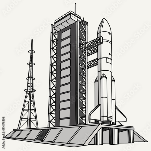 Advanced heavy launch rocket on launchpad with service tower