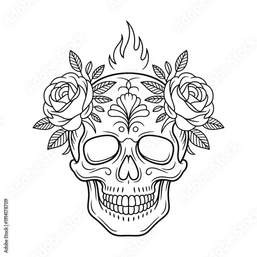 Decorative line art skull with roses and flame on transparent background for graphic design