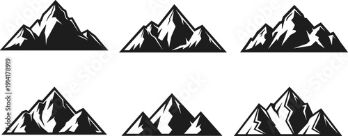Collection of black and white mountain logo silhouettes, abstract alpine peaks vector icons set isolated on light background for branding and design use