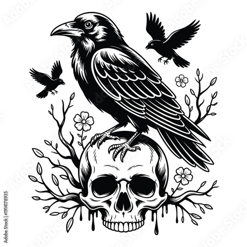 Detailed black and white illustration of a crow perched on a skull surrounded by branches and flowers
