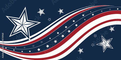 4th of July Independence Day banner with abstract stars and flowing stripe lines, patriotic USA background, copy space for text, red white blue vector illustration.