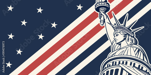 Fourth of July celebration banner with patriotic stars and stripes, abstract American background, editable copy space, premium vector illustration.